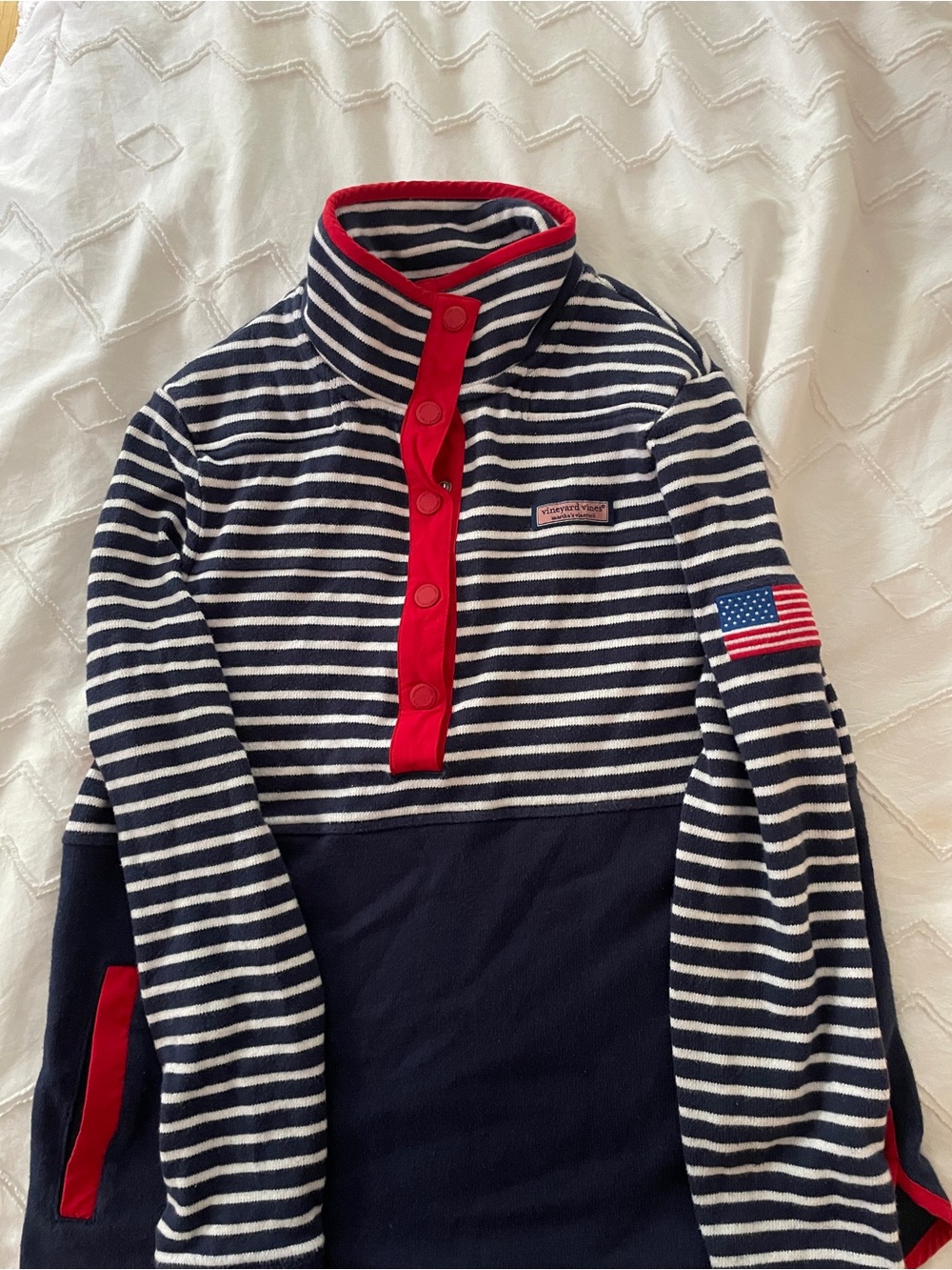 Vineyard Vines Kids Navy & White Striped Fleece Pullover with Red Accents